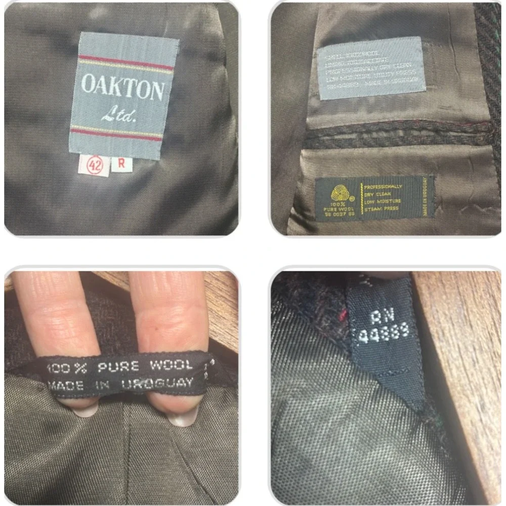 Vintage Oakton Ltd Blazer Mens 42R Brown Wool Herringbone Windowpane Sport Coat